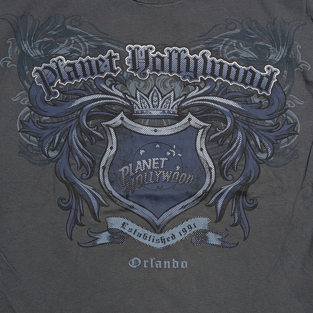Planet Hollywood Orlando T-Shirt Mens Medium Gray Y2K Crest Graphic Alstyle 1998
